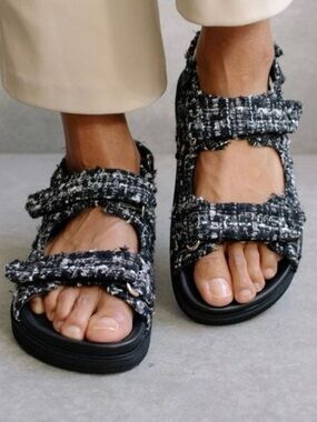 ALOHAS Hook-Loop Tweed Sandal Black White Dad Sandals Size 38 (7-7.5